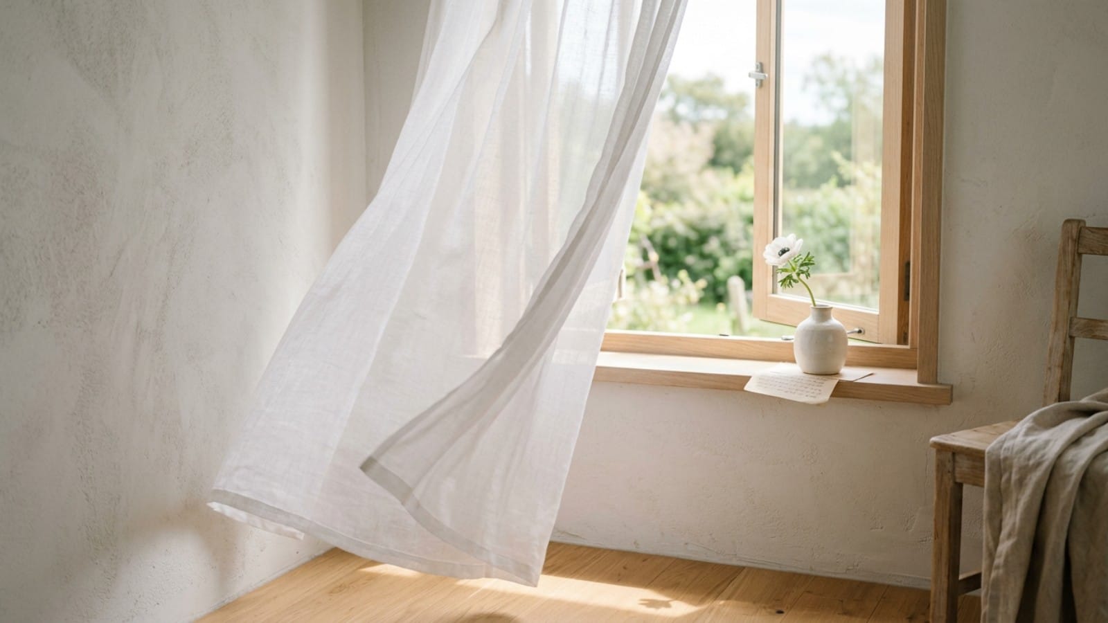 Pantone Cloud Dancer 톤이 적용된 미니멀 흰 커튼 창가