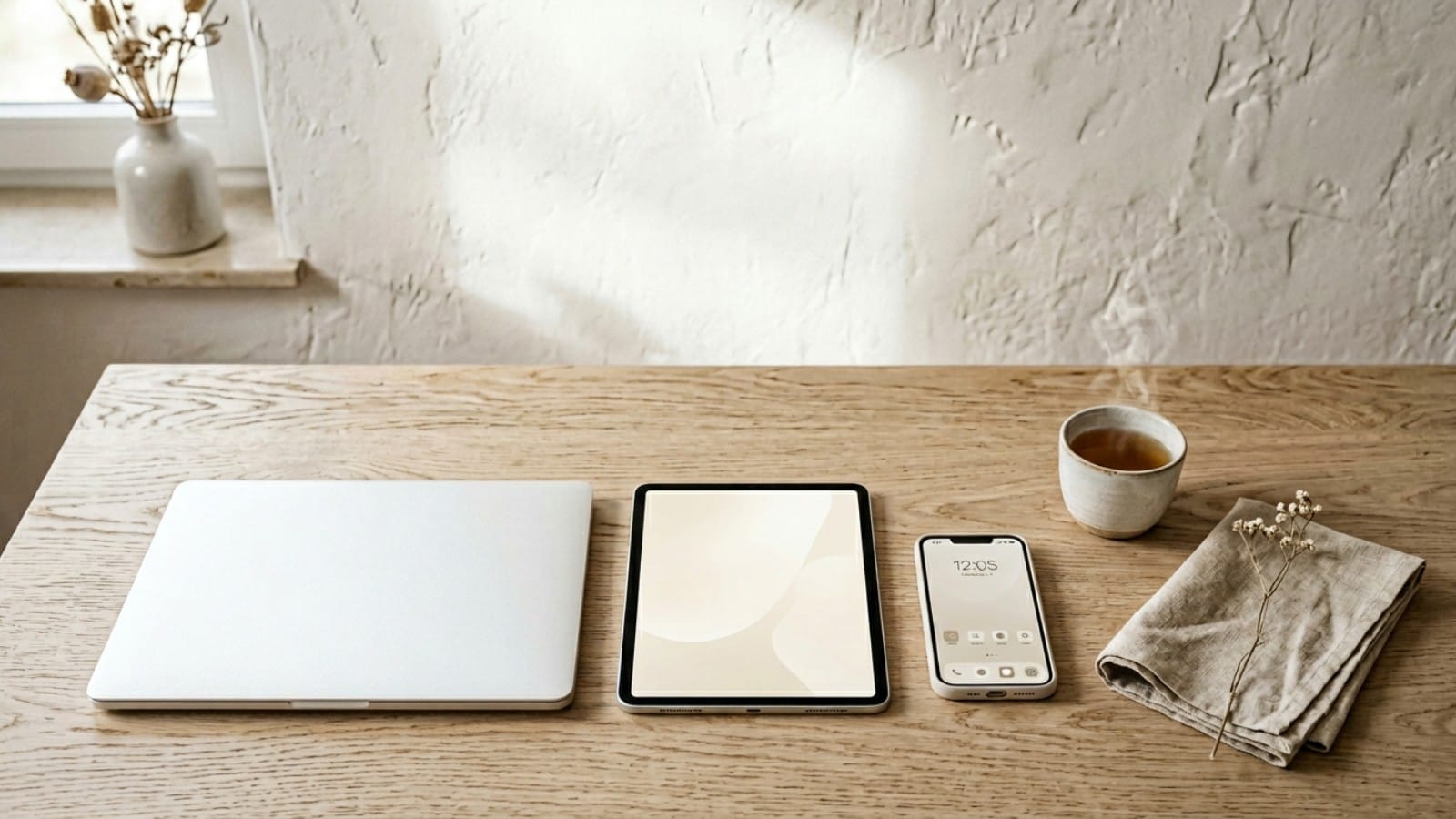 Pantone Cloud Dancer 화이트 인터페이스가 적용된 디바이스 책상