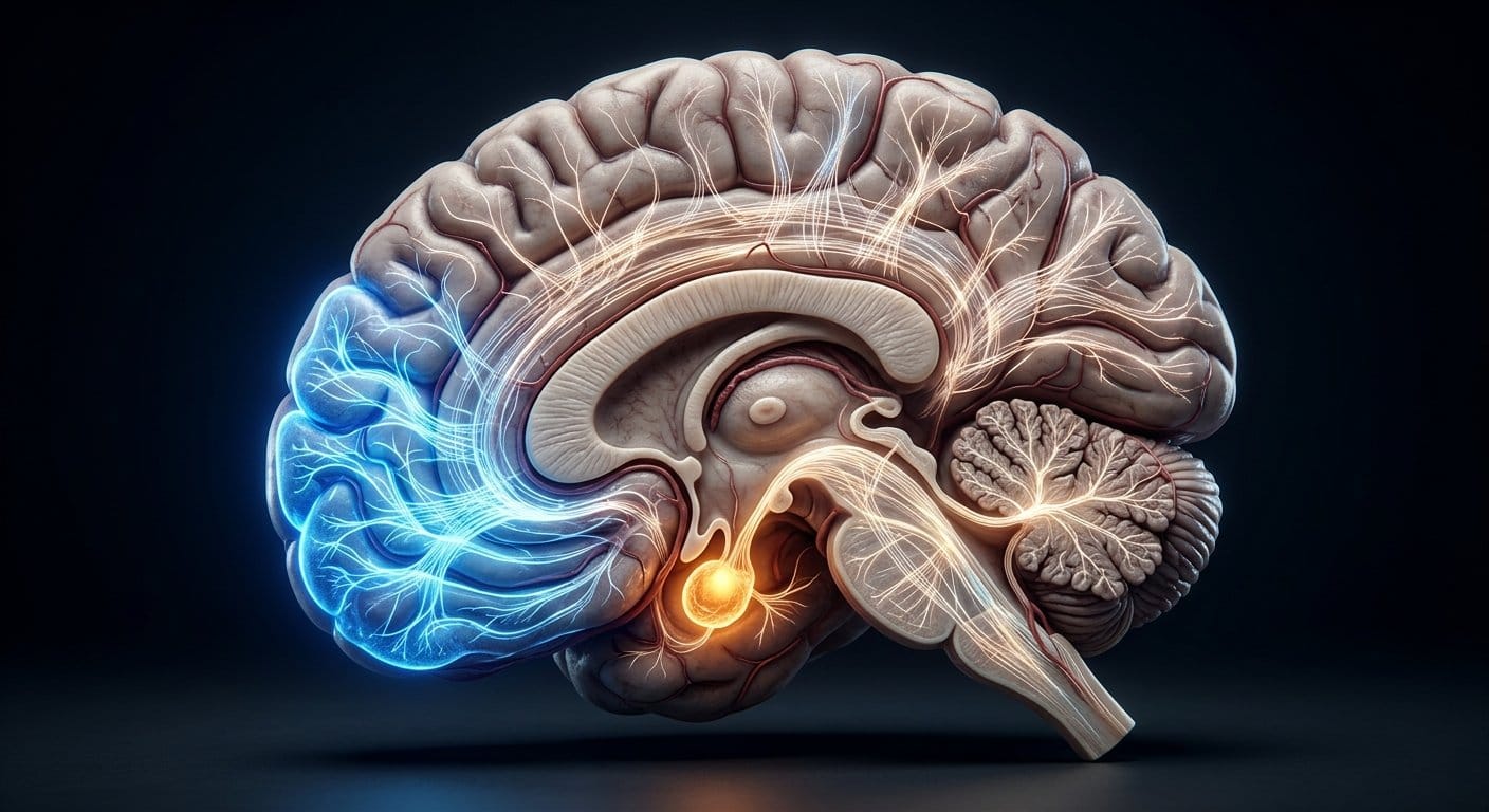 불안장애의 뇌과학적 원인을 보여주는 편도체와 전전두엽 신경 경로 이미지