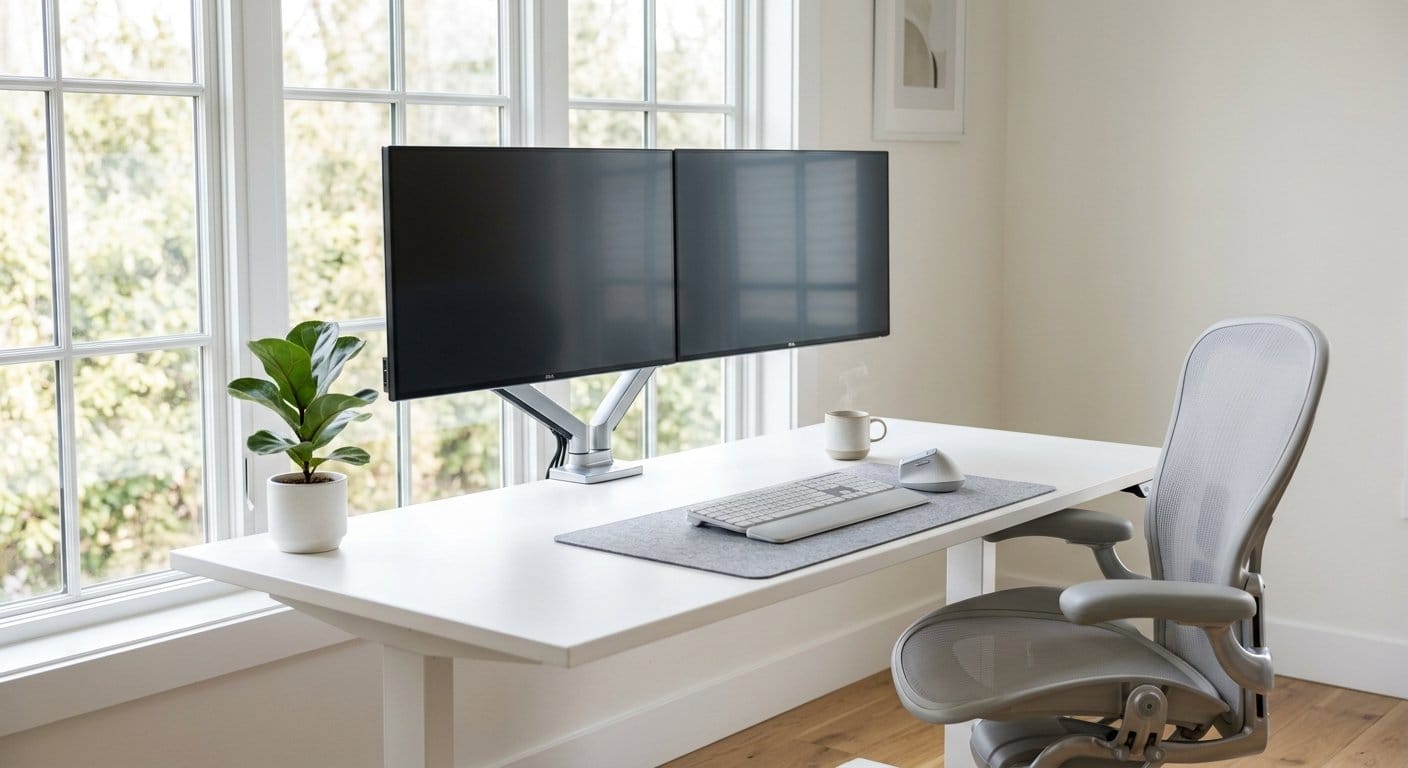 재택근무 생산성을 위한 인체공학적 듀얼 모니터 데스크 환경
