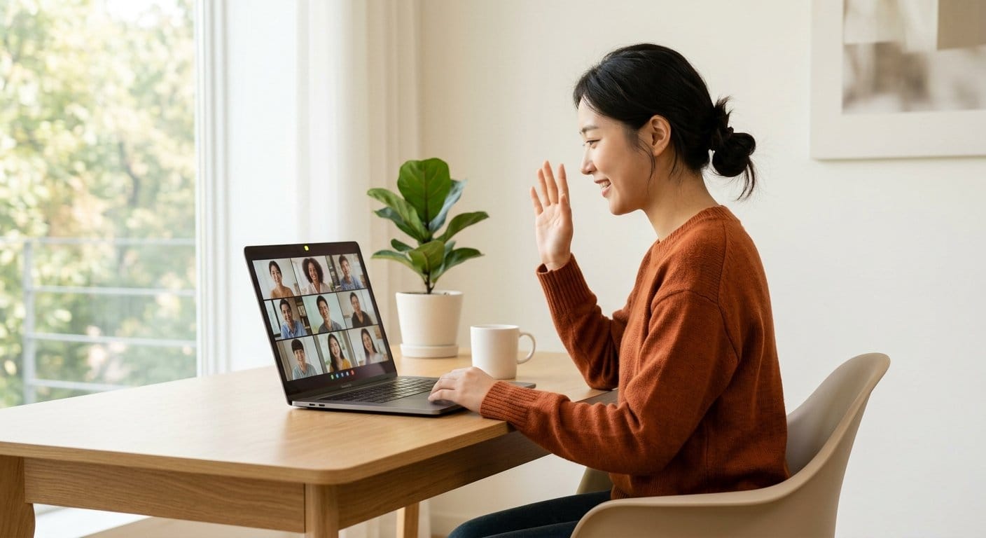 재택근무 중 화상회의로 팀원과 소통하는 모습