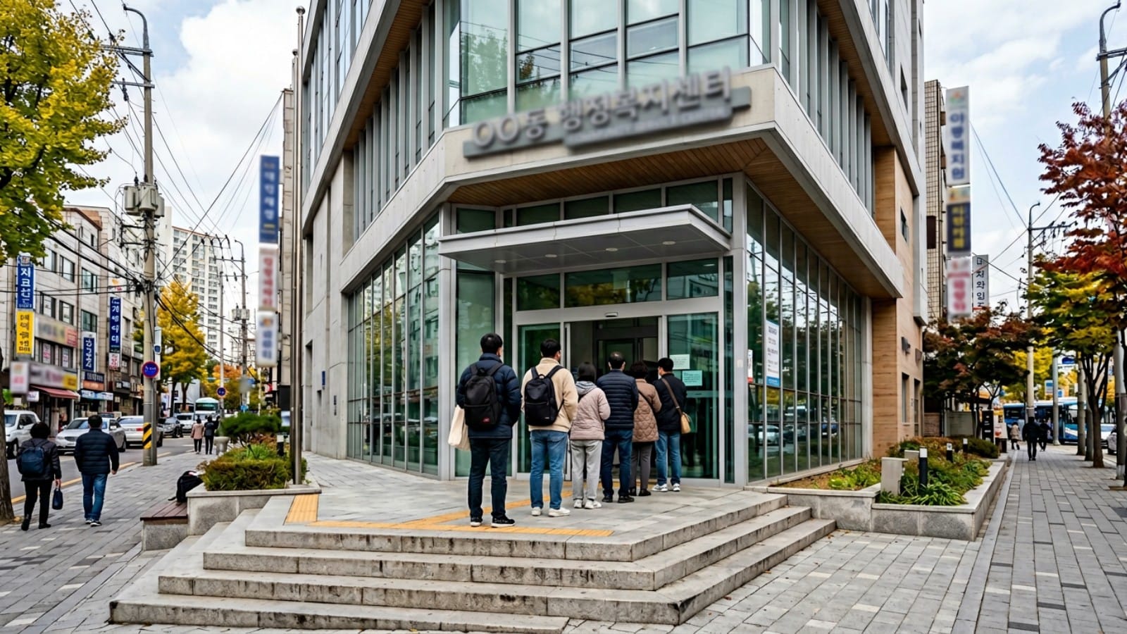 고유가 지원금 오프라인 신청 — 한국 주민센터 동주민자치센터 입구 풍경
