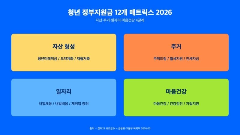 청년 정부지원금 12개 매트릭스 — 자산·주거·일자리·마음건강 4갈래
