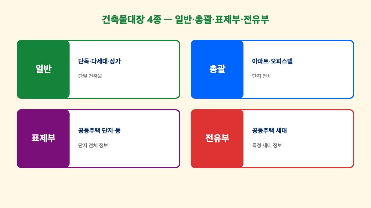 건축물대장 4종 — 일반·총괄·표제부·전유부 차이