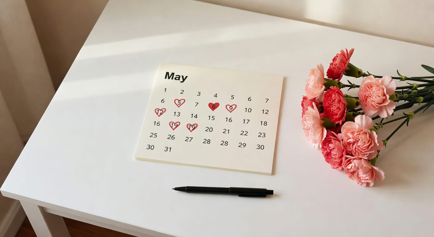 어버이날 선물 5월 가정의 달, 5월 캘린더에 5일 8일 15일 빨간 하트 카네이션 미니멀 컴포지션