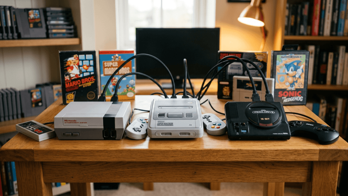 레트로 게이밍 미니 콘솔 NES SNES 메가드라이브 미니 나란히 놓인 책상