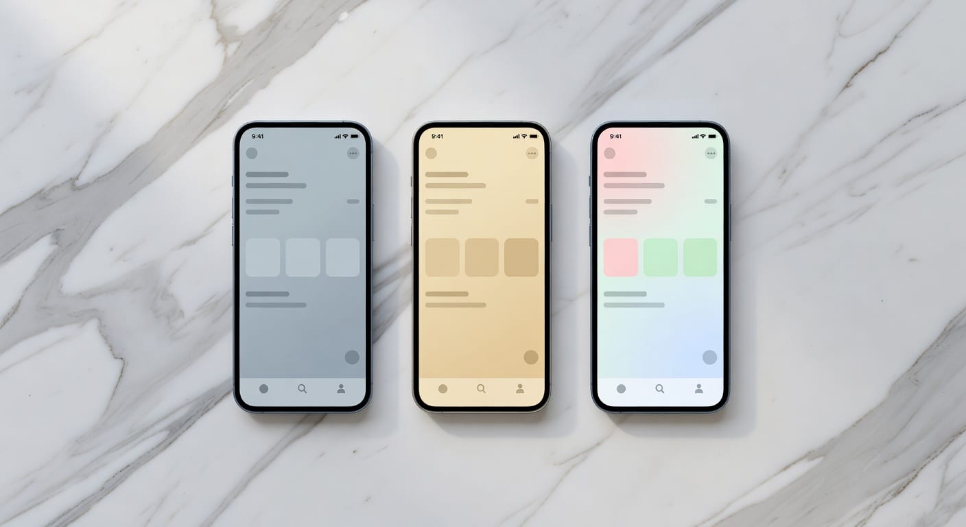 구글 스티치 Vibe Design, 같은 UI 레이아웃이 쿨 그레이 웜 베이지 소프트 파스텔 세 톤으로 변형된 시안