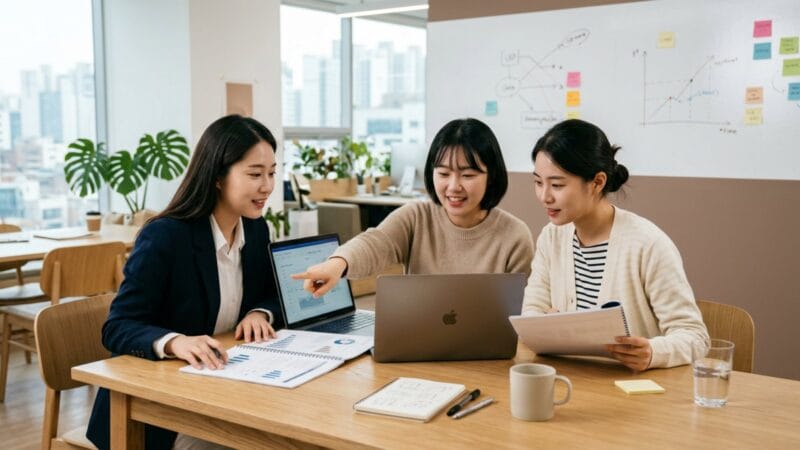 창업지원사업 통합공고를 살피는 청년 창업팀 — 사무실에서 사업계획을 검토하는 모습