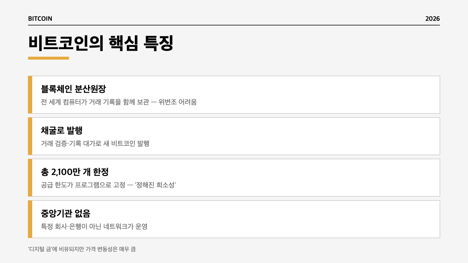 비트코인 블록체인 분산원장 채굴 2100만개 핵심 특징 인포그래픽