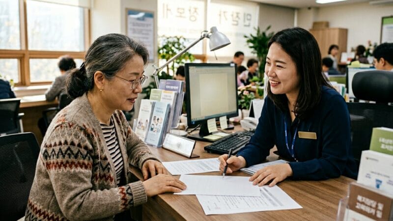 차상위계층 복지 혜택 상담을 받는 주민과 주민센터 직원