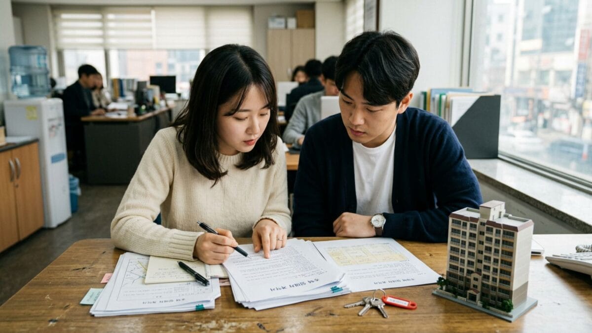 전세사기 예방을 위해 전세 계약서와 등기부등본을 확인하는 모습
