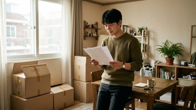 주거급여 임차 가구 청년이 월세 집에서 임대차 서류를 보는 모습