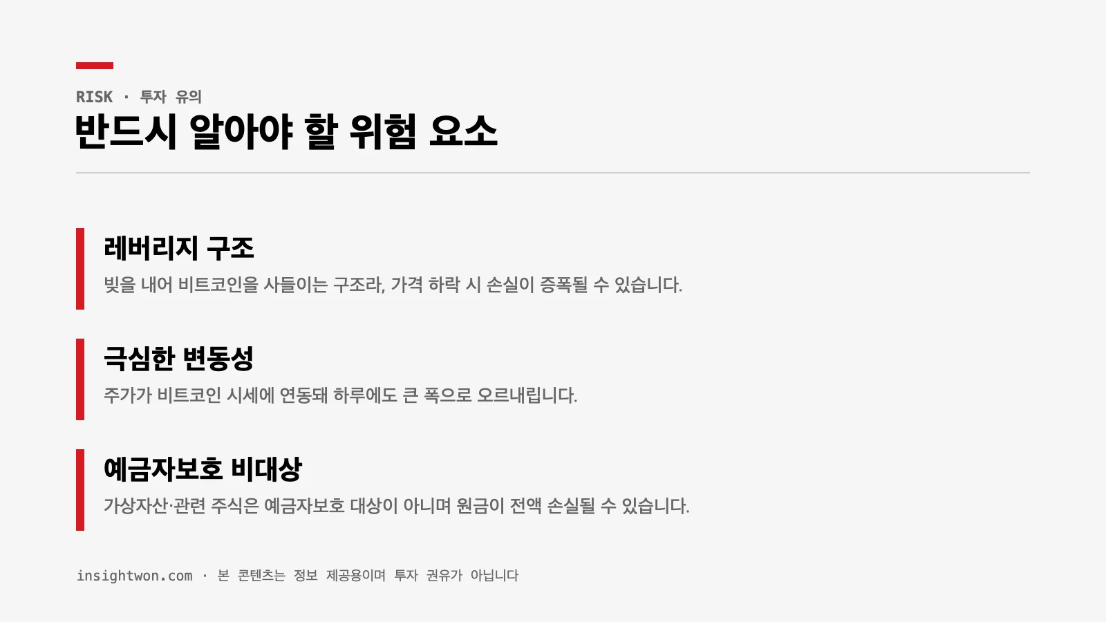 가상자산 관련 주식 투자 유의점 — 레버리지 구조, 극심한 변동성, 예금자보호 비대상