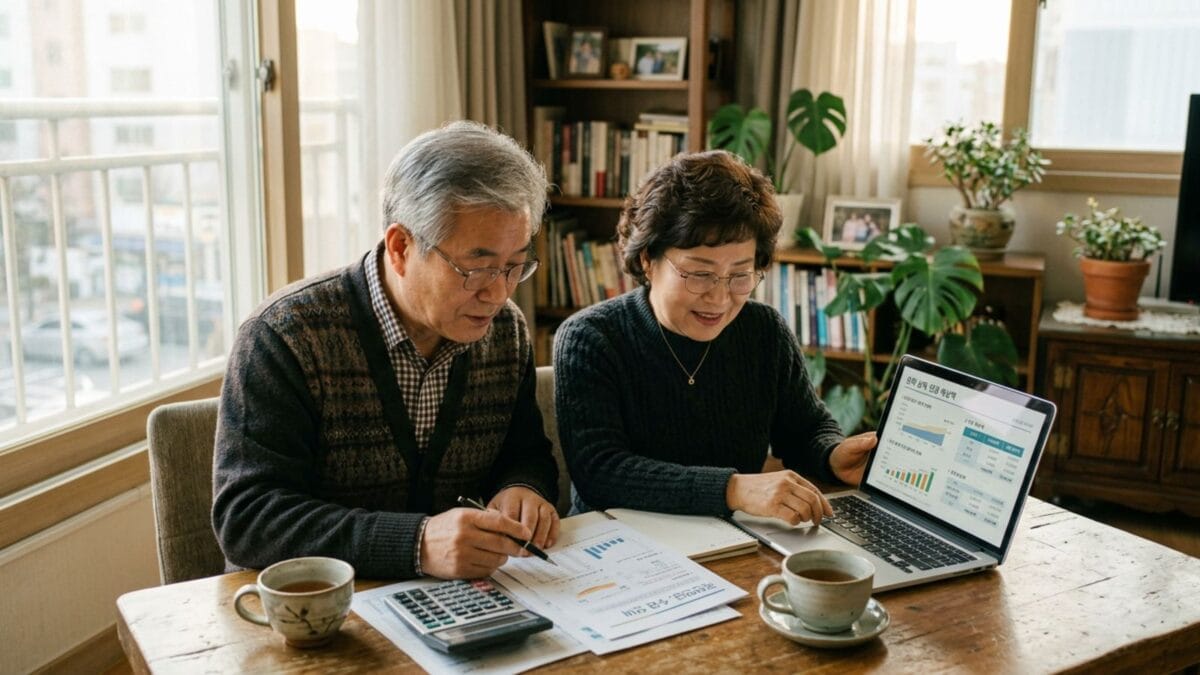 국민연금 예상수령액을 확인하는 노년 부부 — 노후 연금 준비
