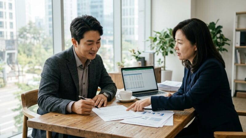 신용보증기금 보증 상담을 받는 소상공인 대표와 상담원