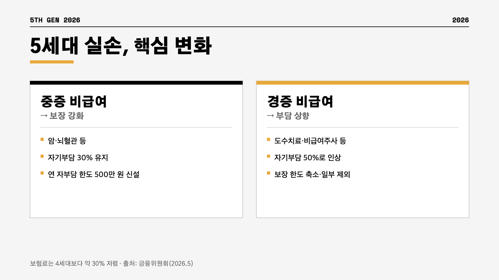 5세대 실손보험 중증 경증 비급여 자기부담 변화 인포그래픽