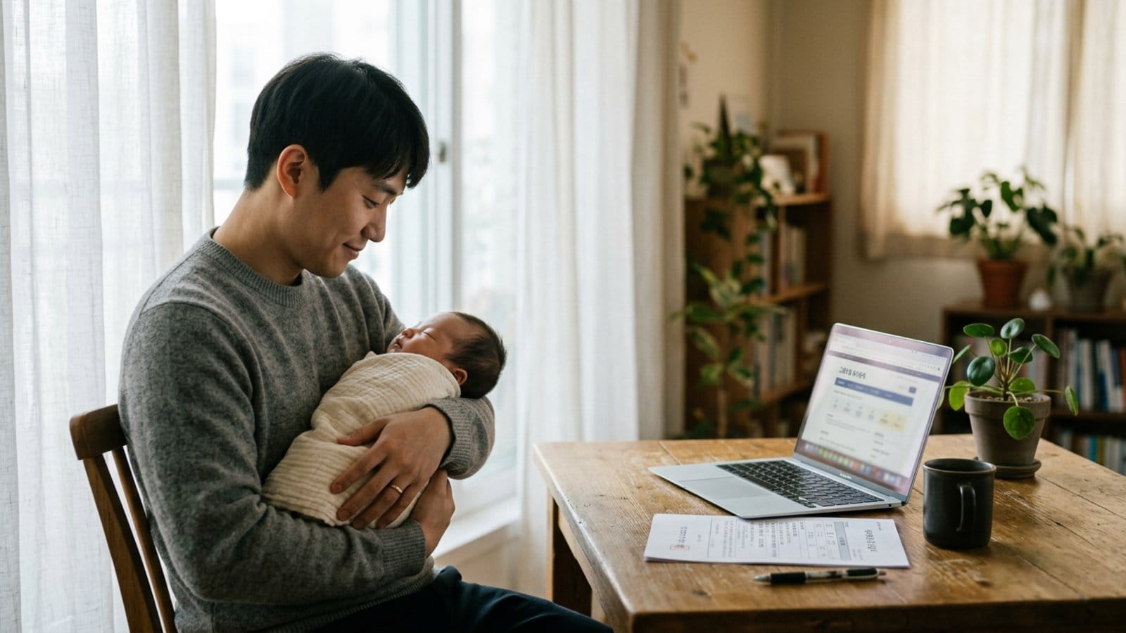 휴직을 쓴 부모가 집에서 아기를 안고 노트북과 신청 서류를 살펴보는 모습