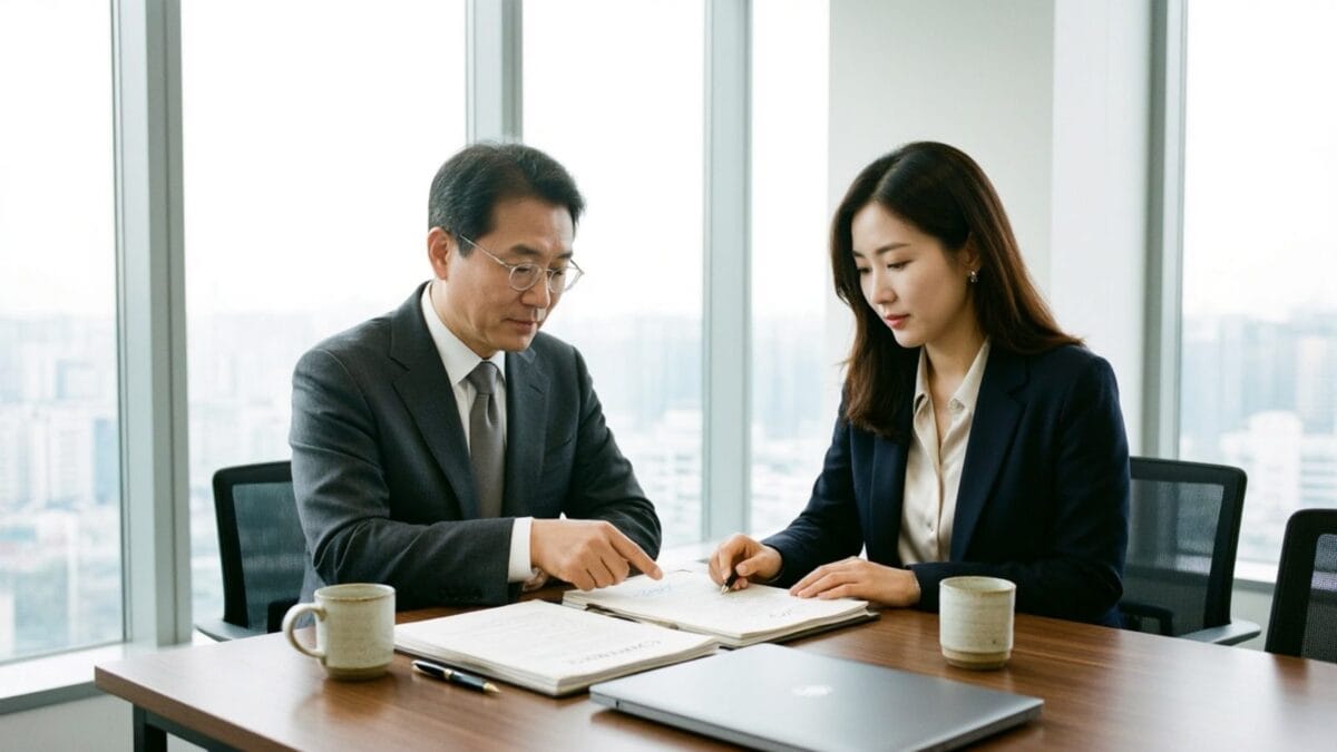 매출채권보험 거래 계약 검토하는 비즈니스 장면